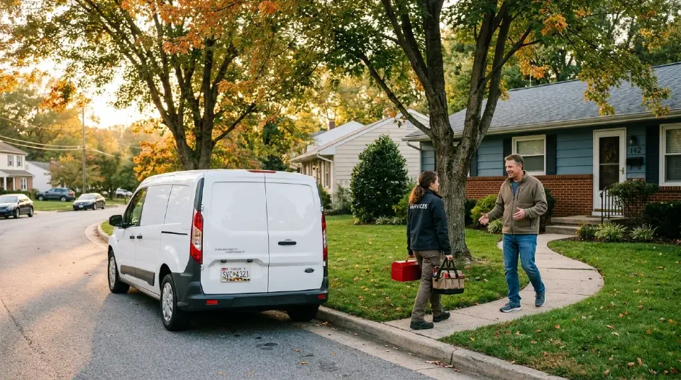 A small white work van parked outside a suburban home as a worker greets the homeowner on the front porch.